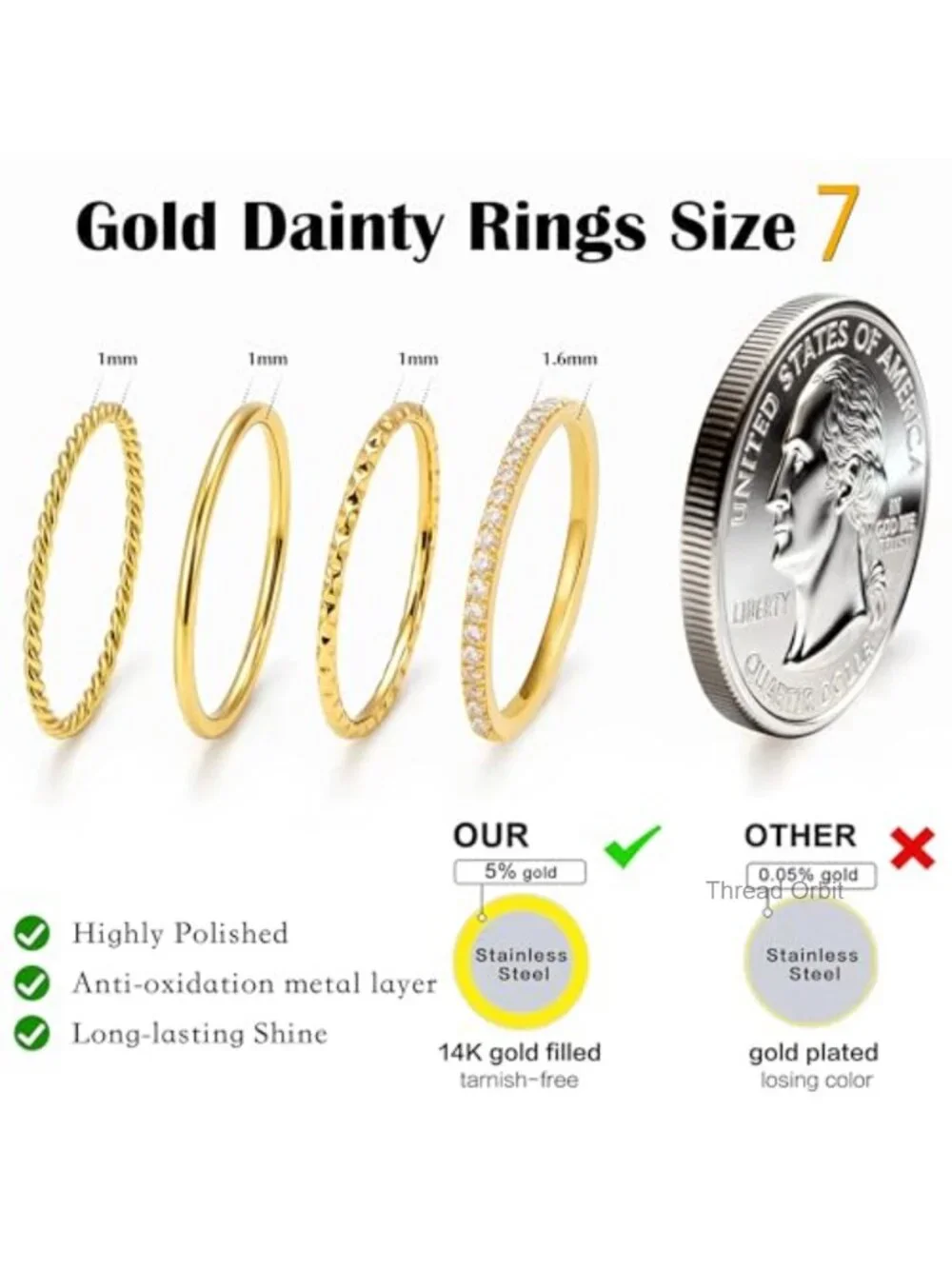 Dainty 14K Gold Plated Stackable CZ Wedding Band Ring Set, Non Tarnish